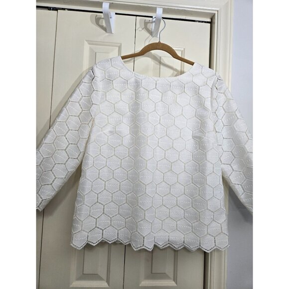 Anne Klein White Textured Long Sleeve Blouse Size 14 Hexagonal Pattern READ - Picture 1 of 7